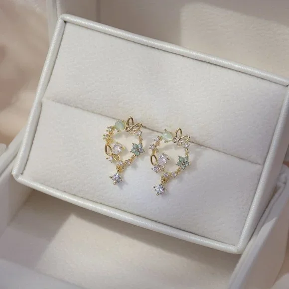 NEW 14K Gold Plated Diamond Flower Butterfly Circle Earrings - Picture 5 of 6